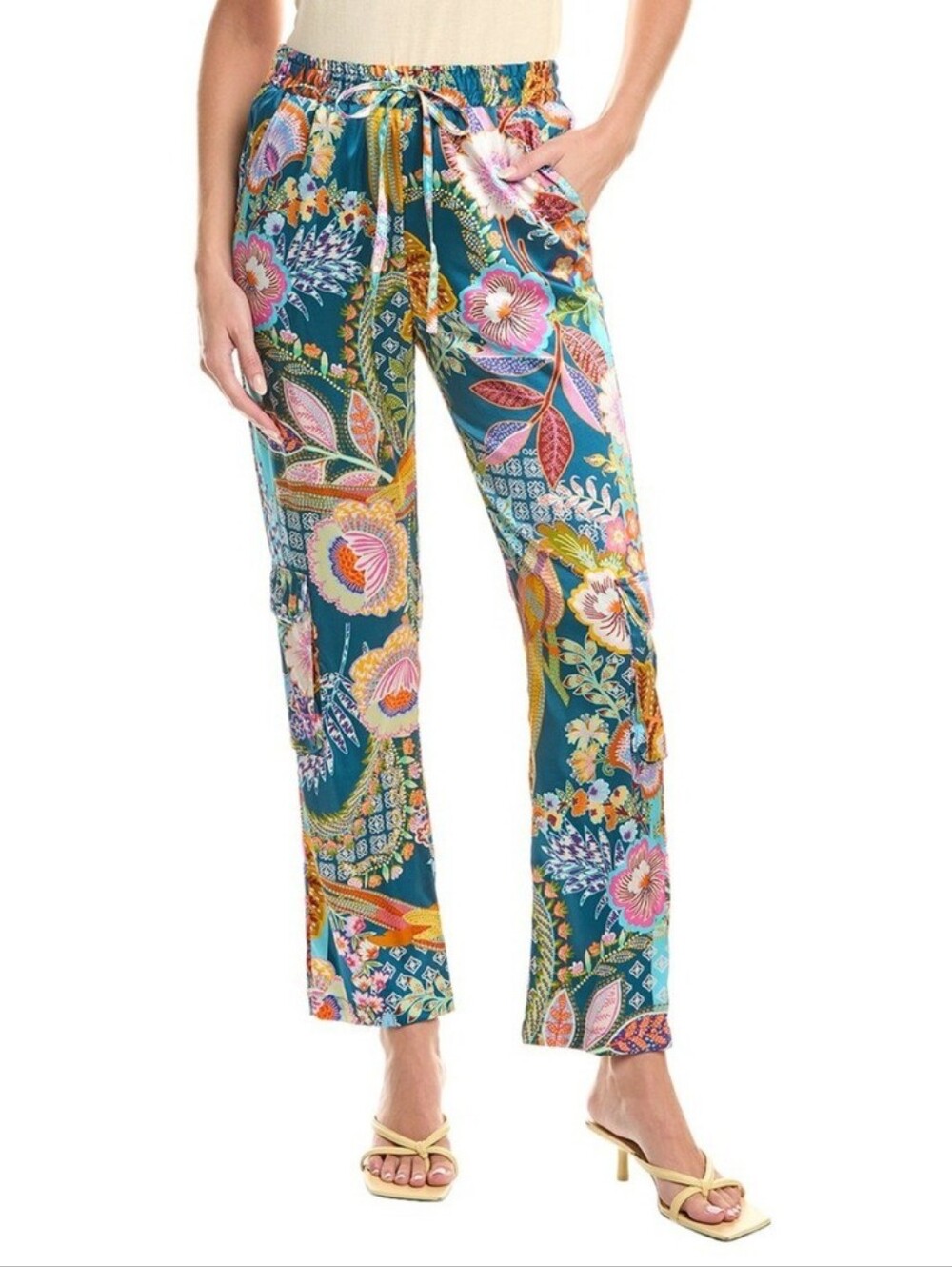 Johnny Was Teal Multicolor Paisley Floral Patchwork Silk Wild Kelly Pants XS